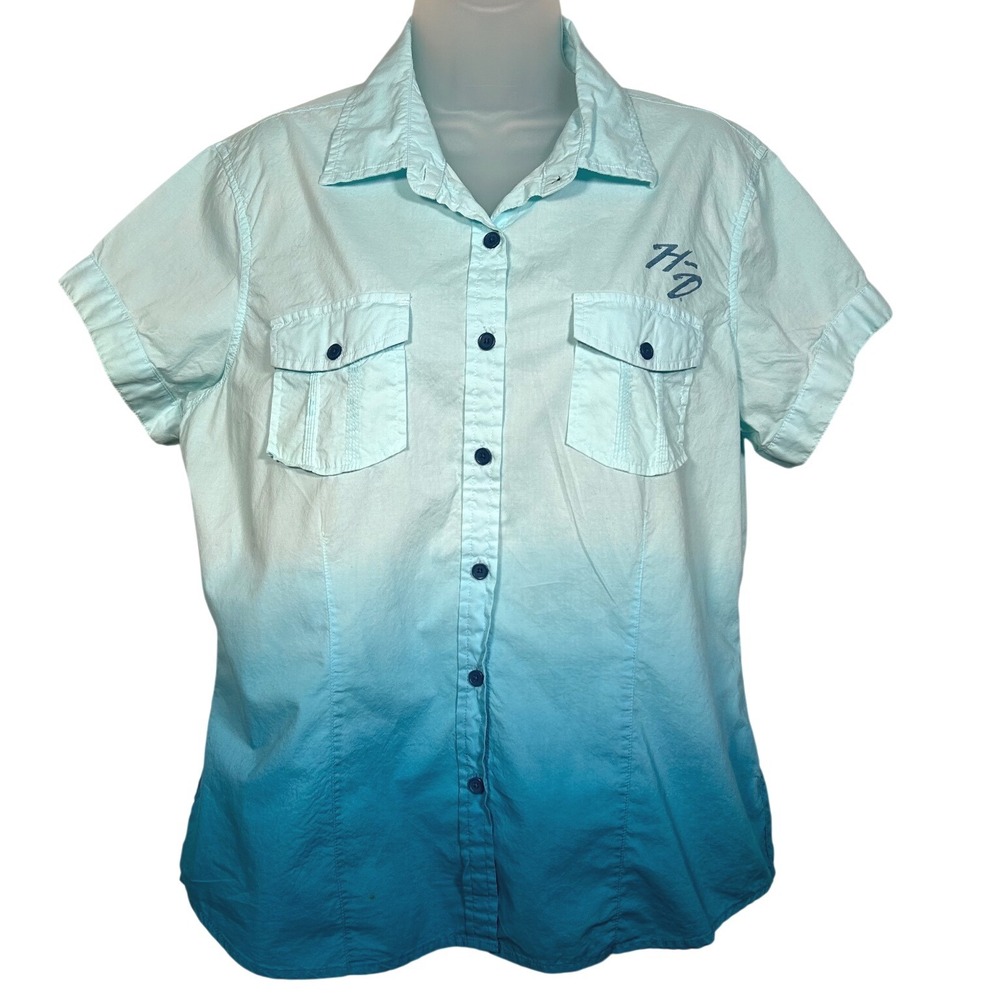 Harley-Davidson Womens Shirt Blue Ombre Winged Logo Button Down Biker Moto Large